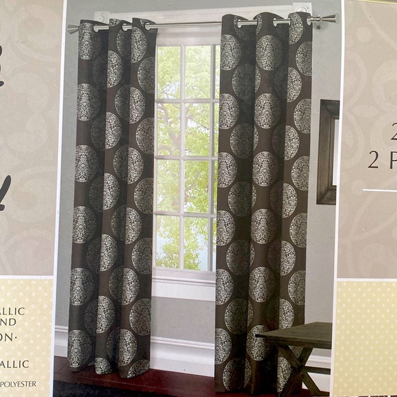 Other - Residence - Printed Metallic Charcoal Gray Cotton Grommet Panel Curtains